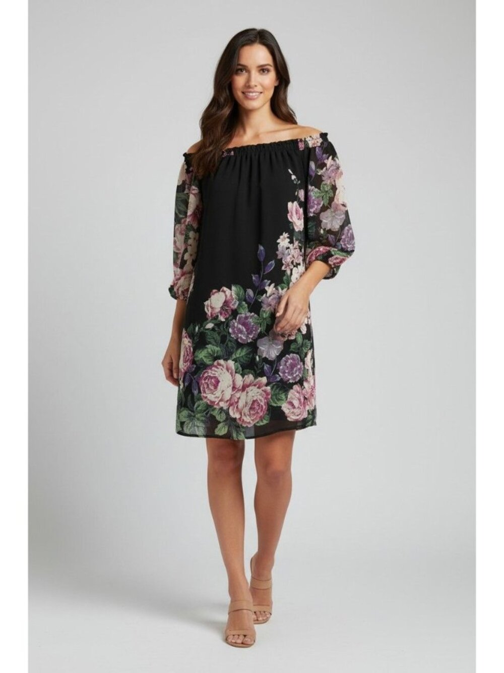 Miami Black Floral Print Chiffon Off The Shoulder Shift Dress Size M Wedding